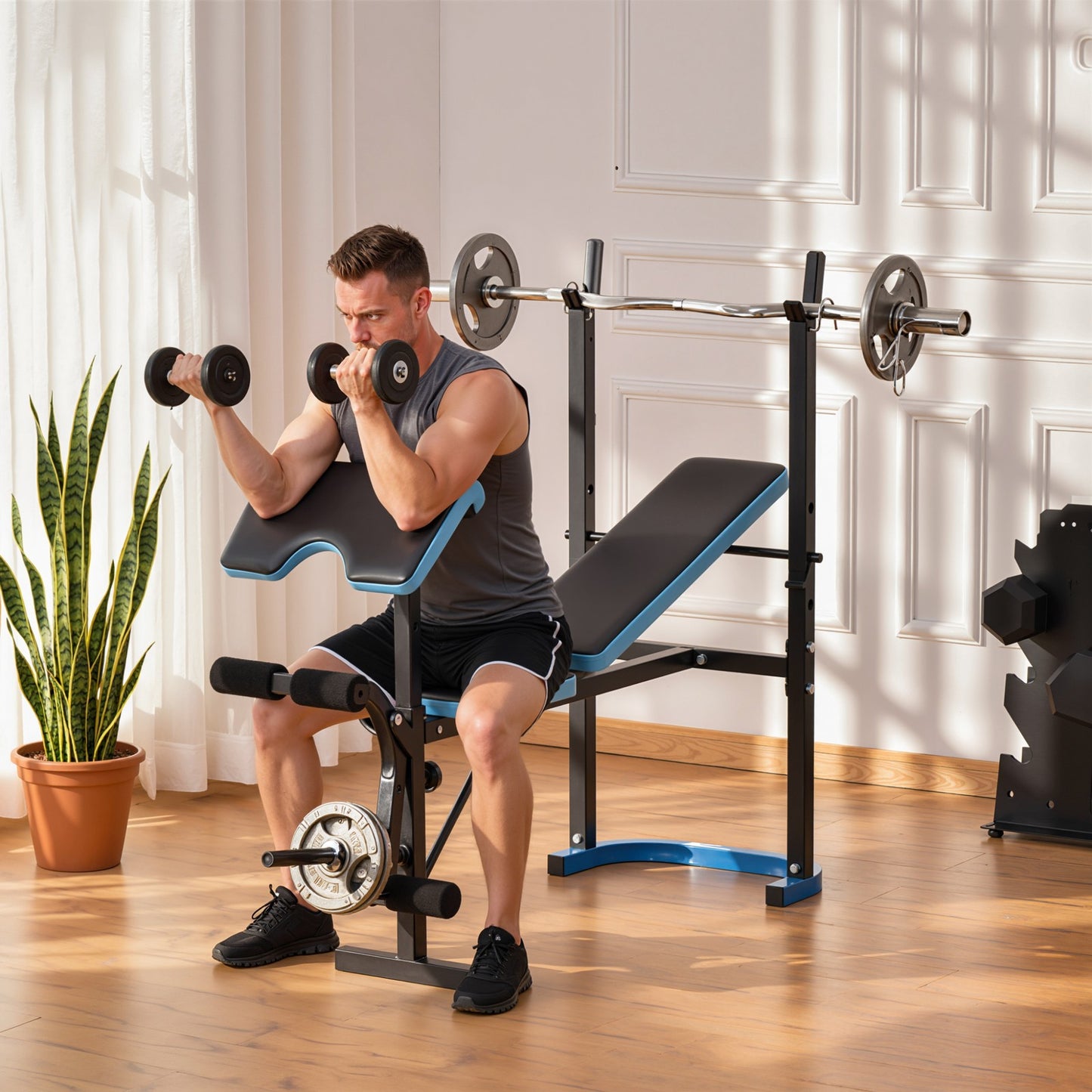 Adjustable Weight Bench with Leg Developer and Barbell Rack for Home Fitness Solutions