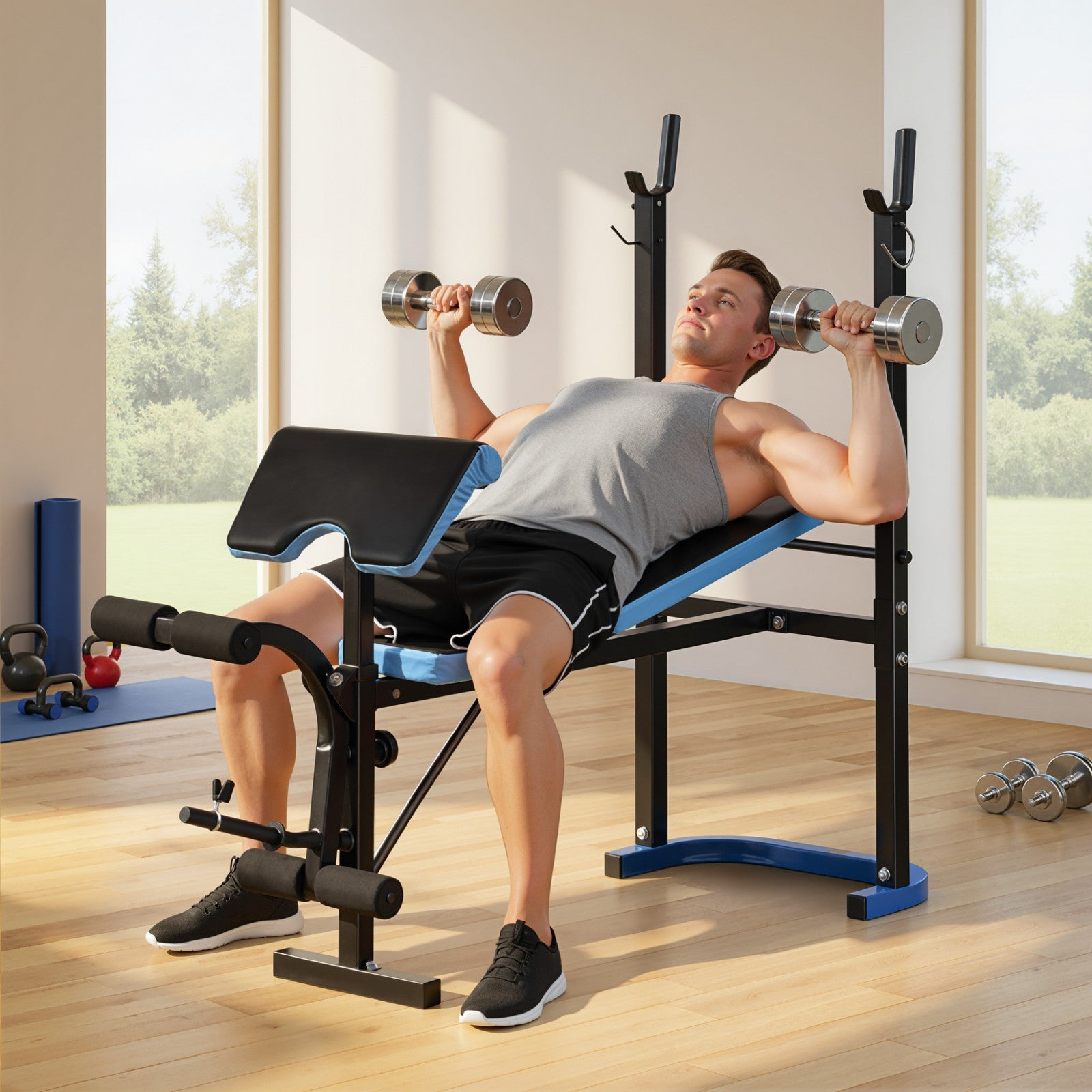 Adjustable Weight Bench with Leg Developer and Barbell Rack for Home Fitness Solutions