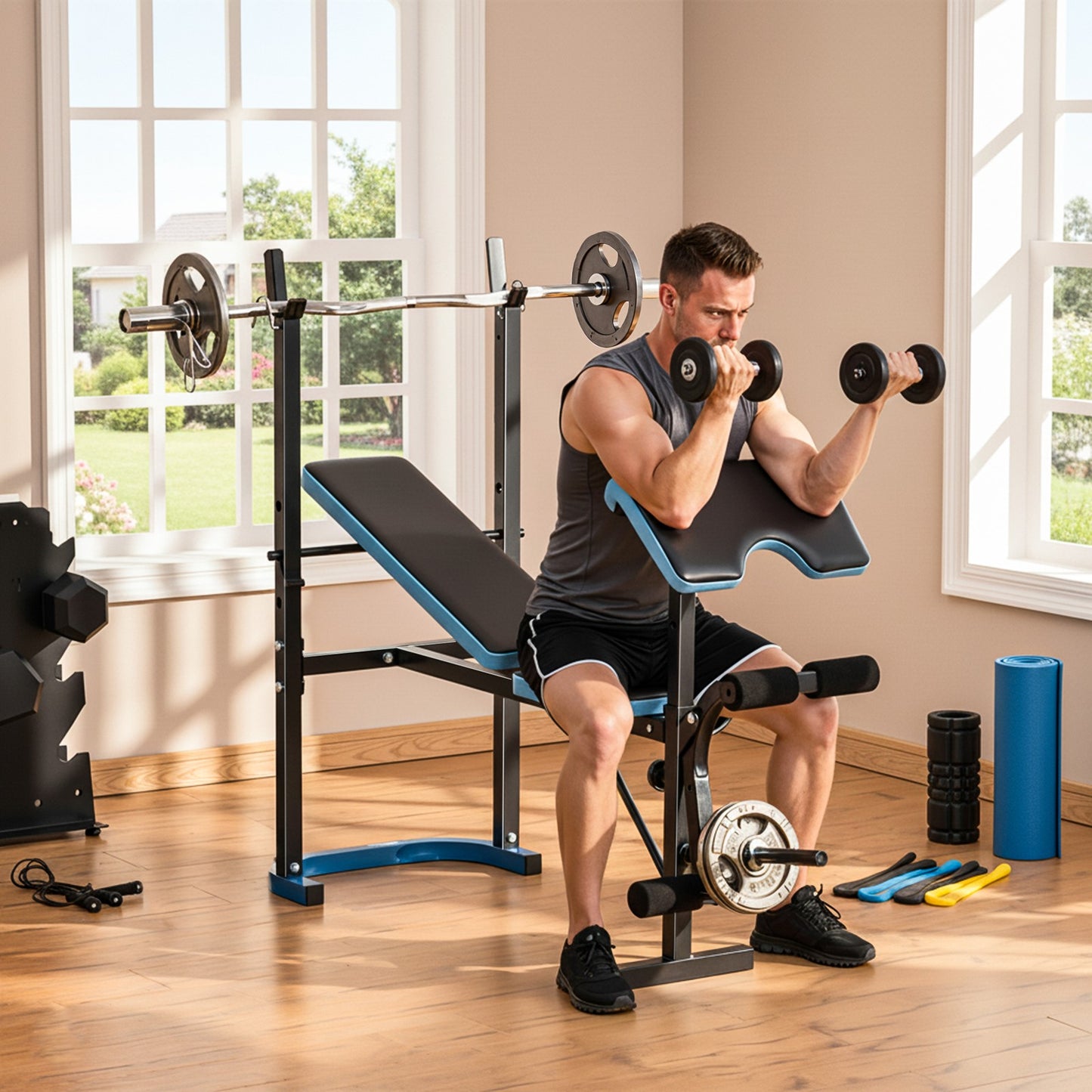 Adjustable Weight Bench with Leg Developer and Barbell Rack for Home Fitness Solutions