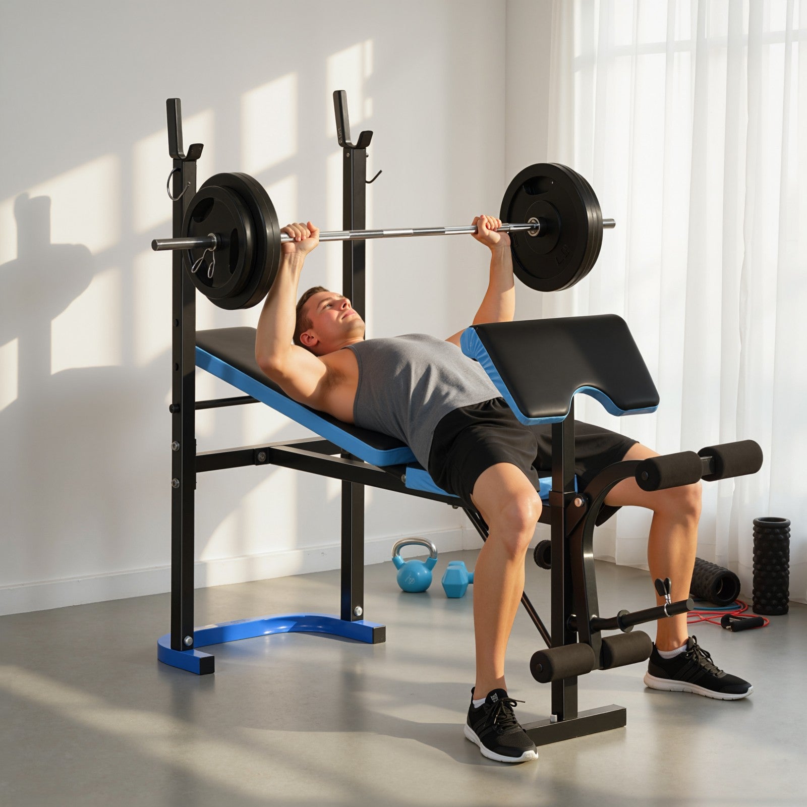 Adjustable Weight Bench with Leg Developer and Barbell Rack for Home Fitness Solutions